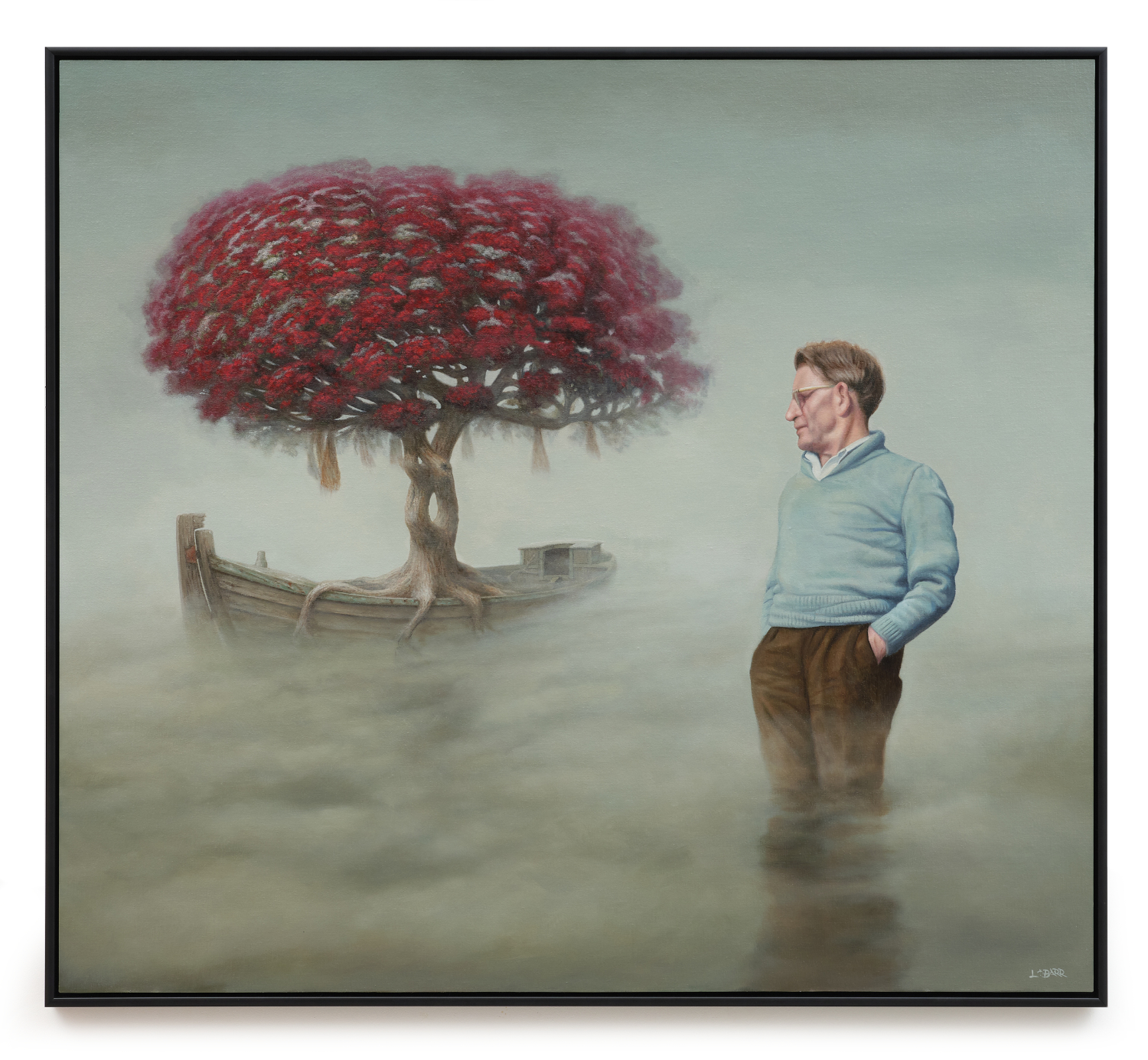  Painting of a man standing in the water with boat drifting by.