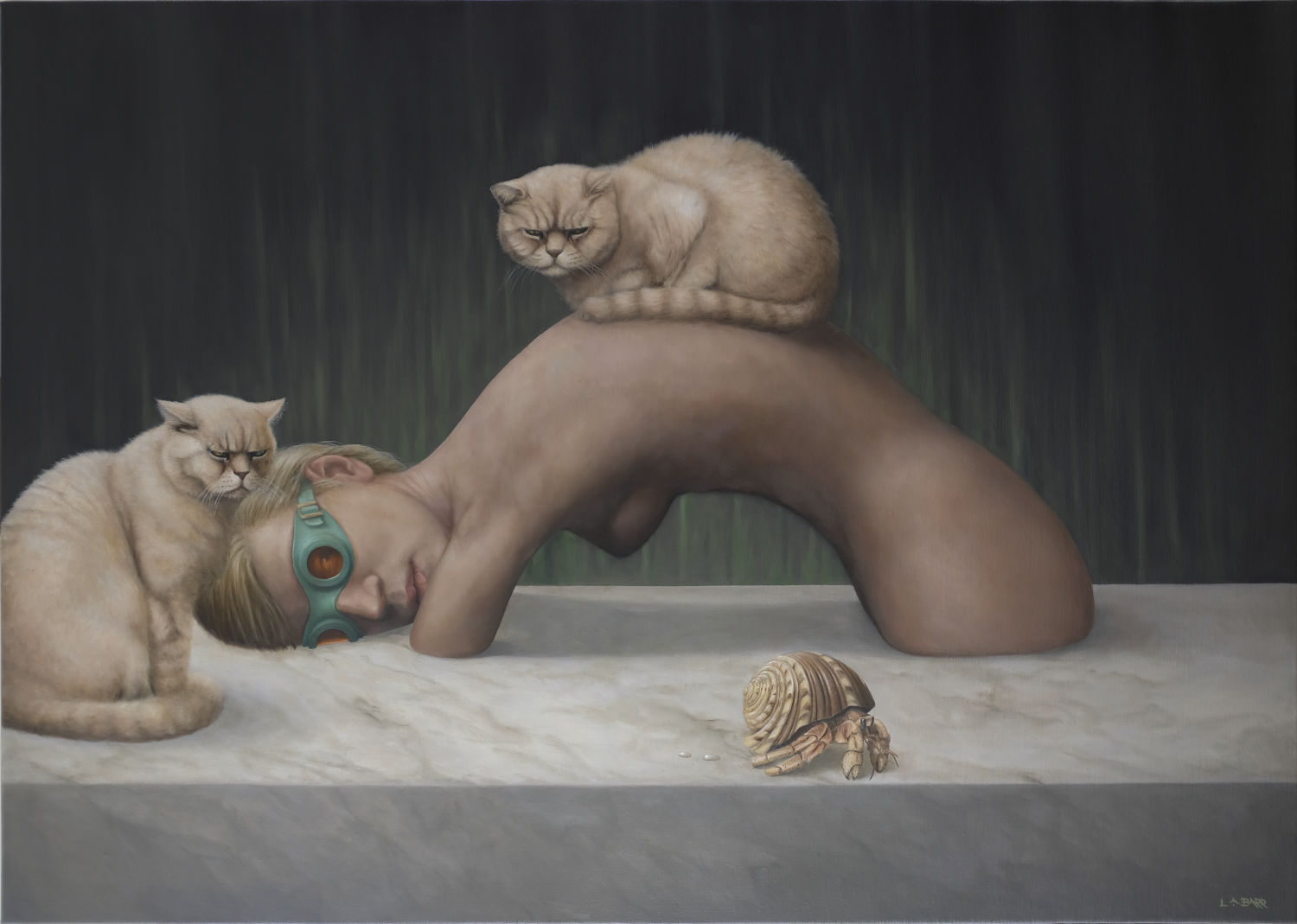 Painting of a female figure posed over a table with hermit crab and cats