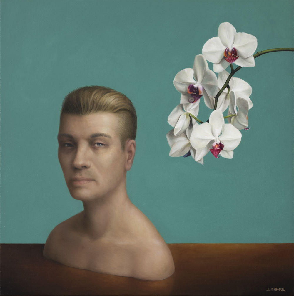 Painting of a male bust ornament with orchids