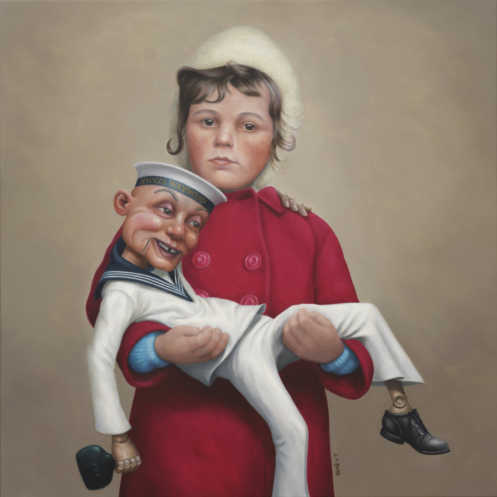 Painting of girl carrying ventriloquist mannequin