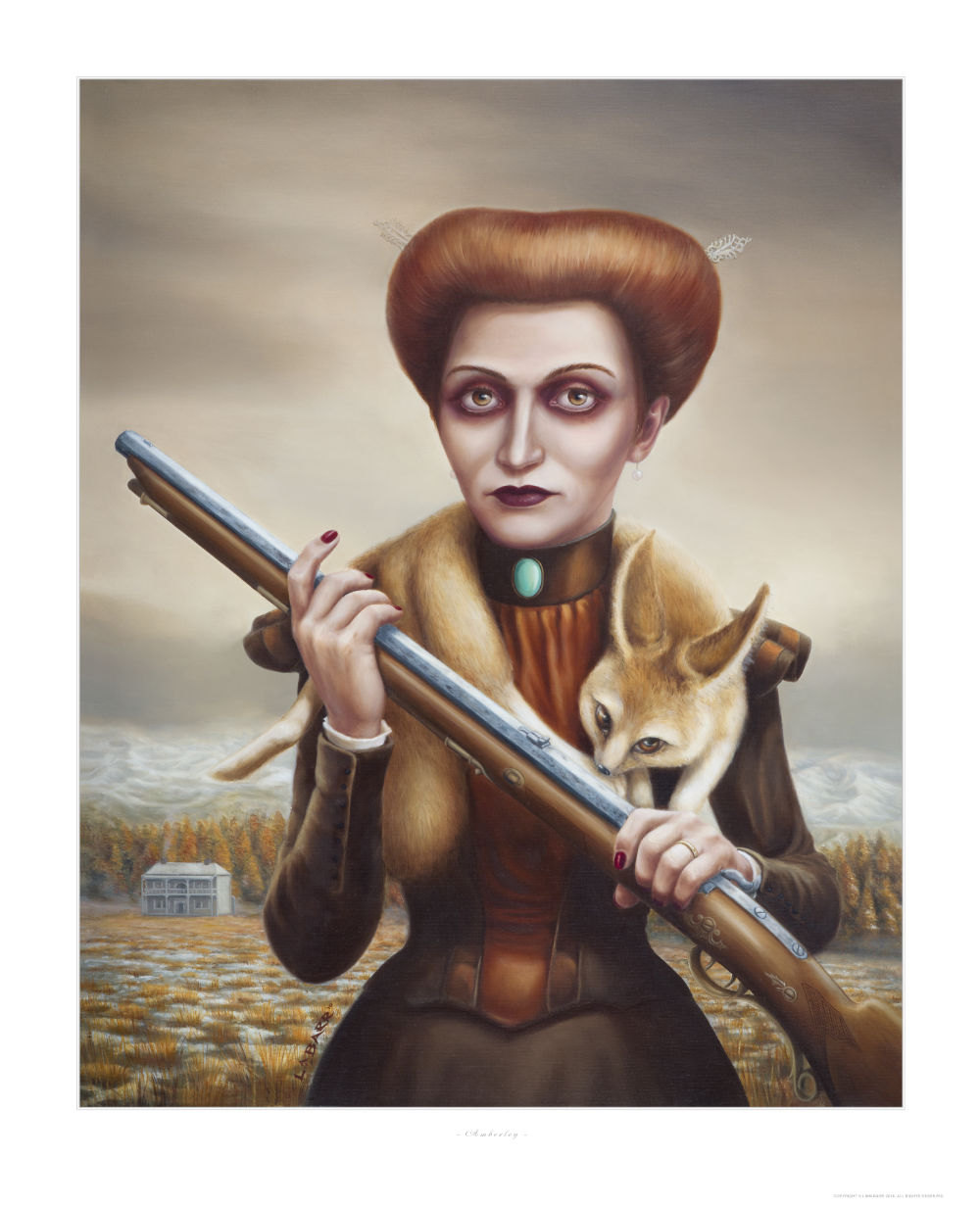 Fine Art print of woman protecting her land with gun and fox stole