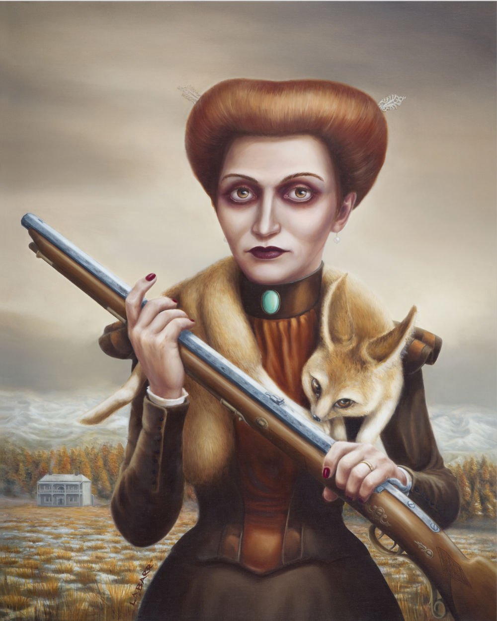 Woman with gun and fennec fox painting from Liam Barr