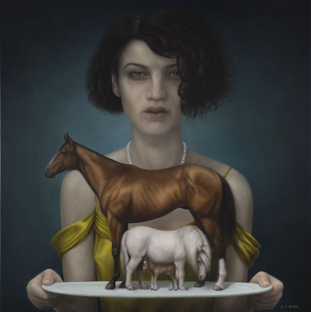 Contemporary oil painting of a woman holding a platter serving up 3 horses of varying sizes