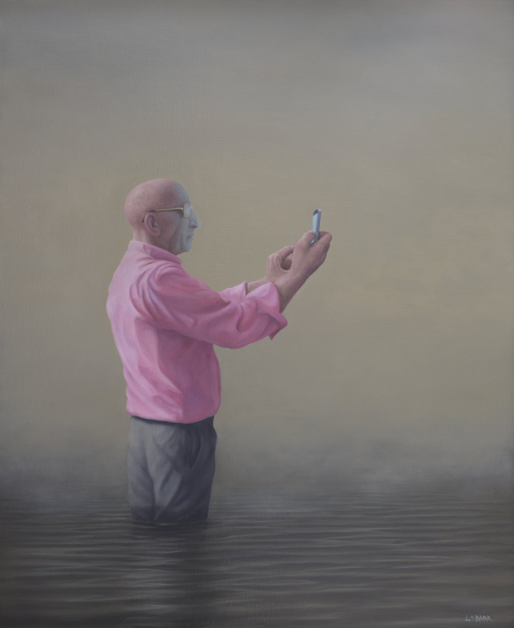 Painting of a man standing in the water with his phone