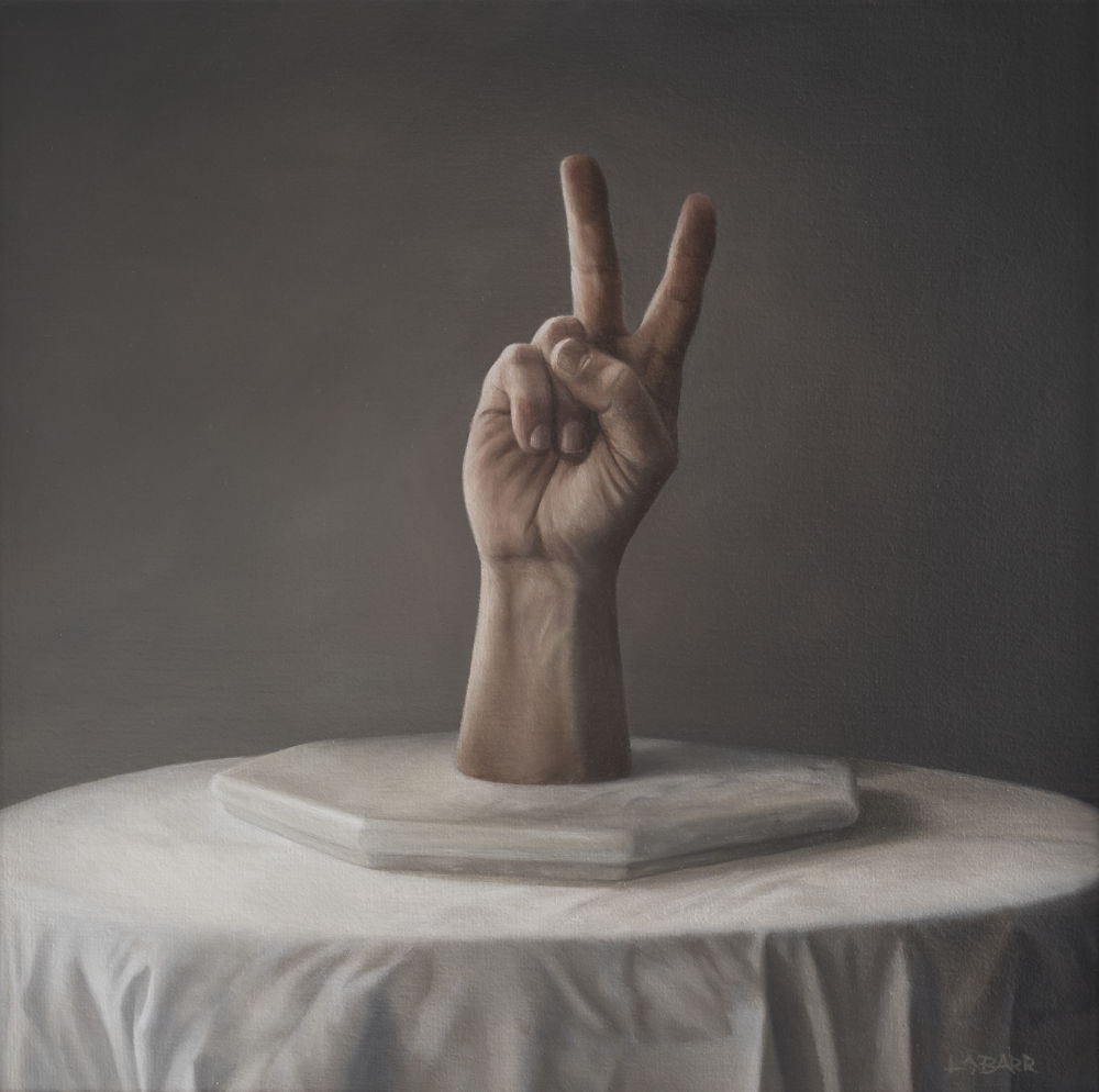 Still life painting of a hand sitting on a table making a peace sign