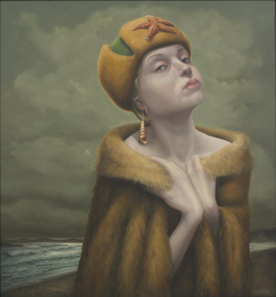 Painting of a girl wrapped in furs embracing the stormy seas.
