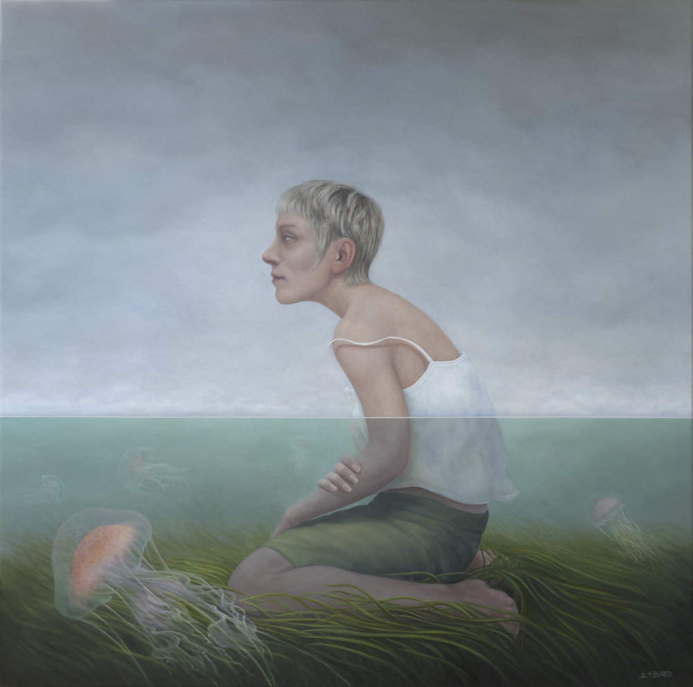Painting of a woman kneeling in shallow water with jellyfish.