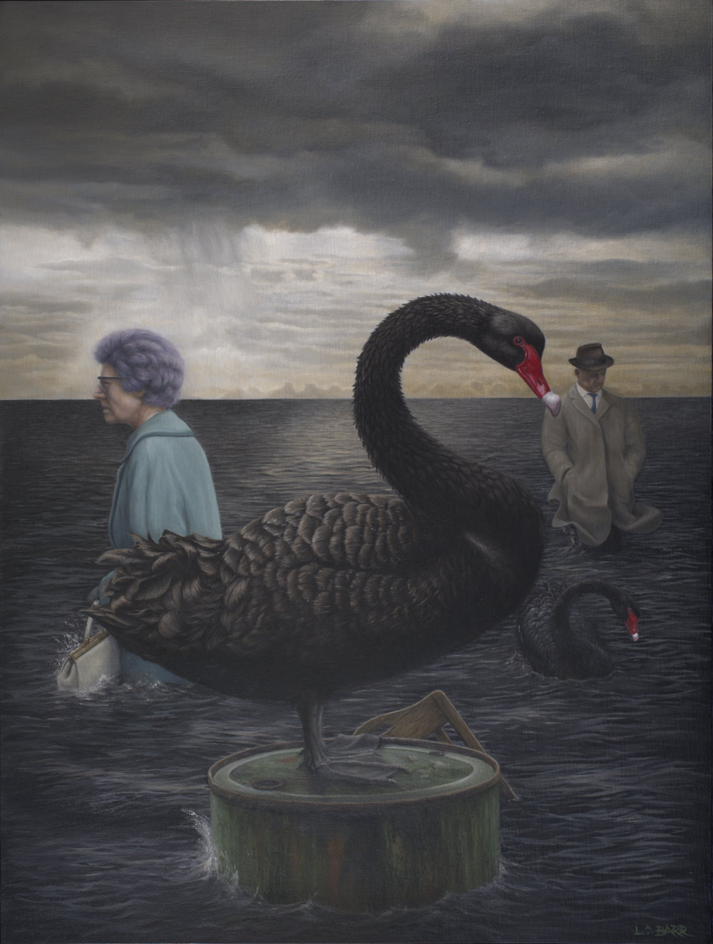 Painting of a swan standing on an oil drum.